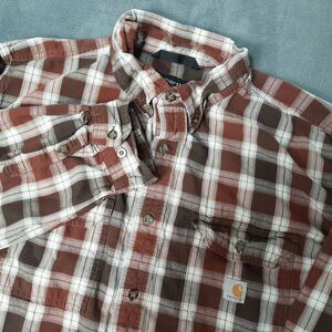 Carhartt Shirt Mens 2XL XXL Red Gray Check Plaid Loose Fit Button Down Pocket